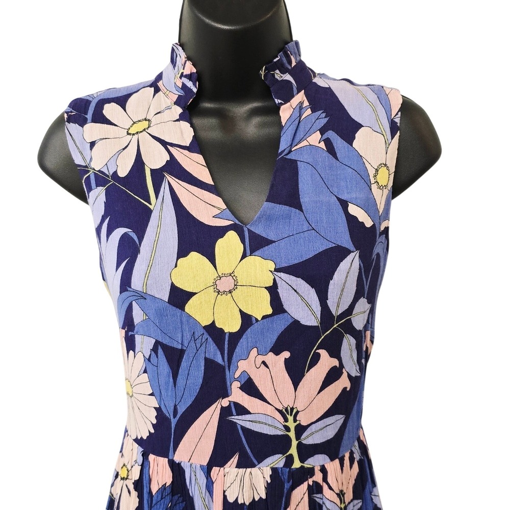 NWT Tori Richard Paola Dress Navy Blue Floral Cotton Rayon Tiered XS 7627-WQ76 - Picture 2 of 8